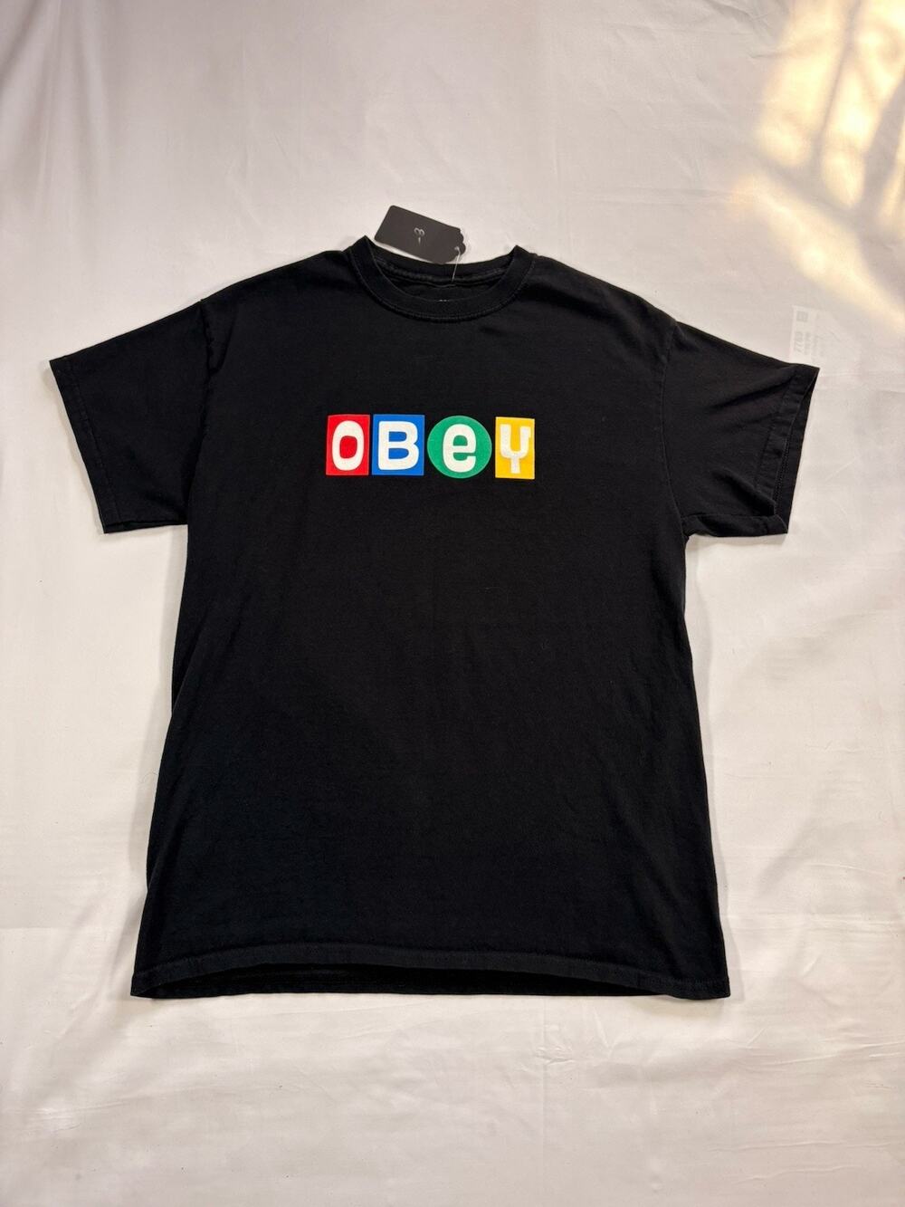 OBEY Worldwide T Shirt Mens M Black Multicolor Block Logo Streetwear Graphic